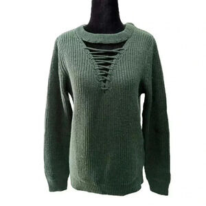 Devoted Sweater Lace Tie Front Keyhole Neckline High Low Hem Green Size Small